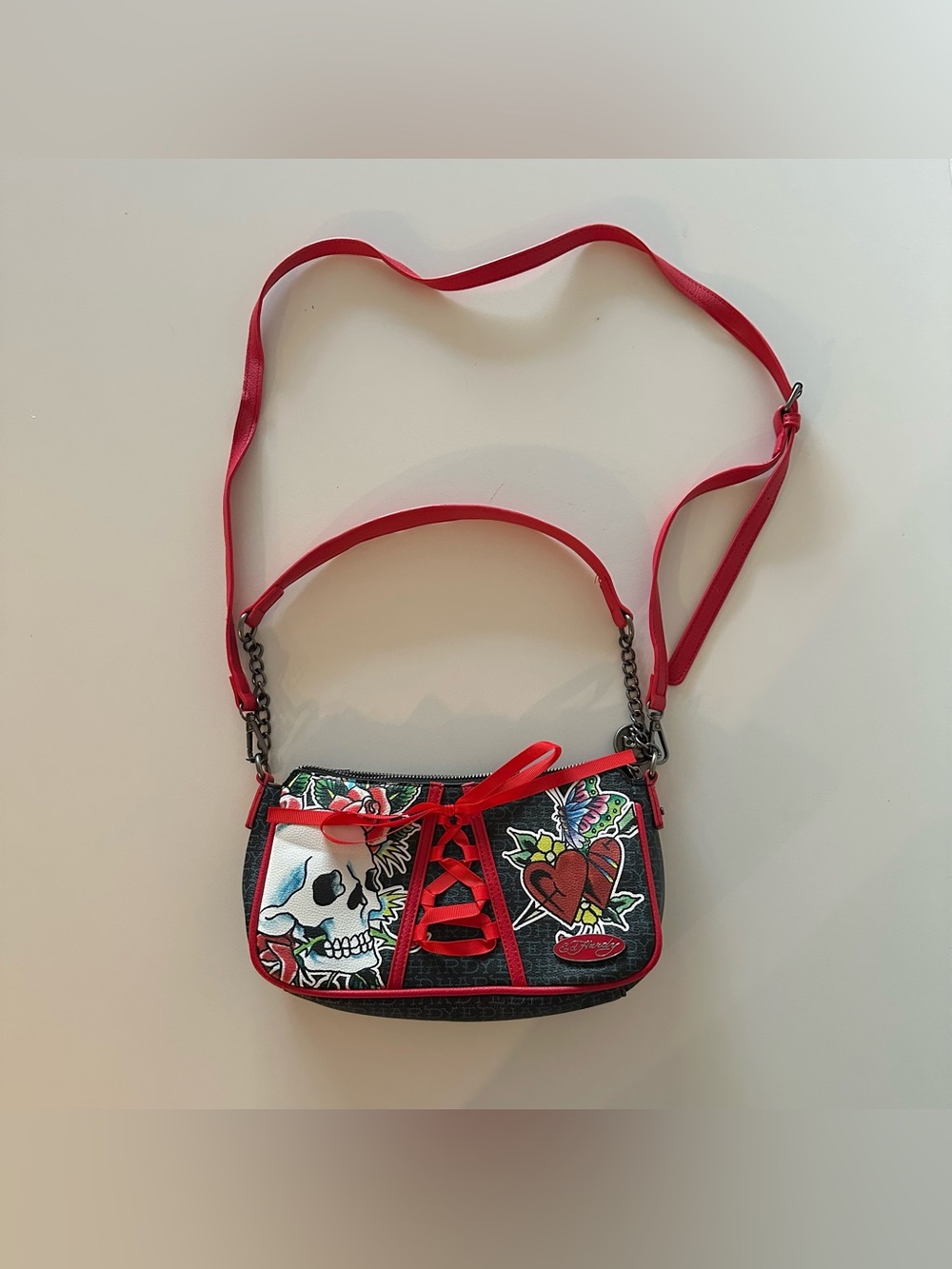 Y2K Style Ed Hardy Baguette Shoulder Bag Tattoo Corset Lace Up Black Red
